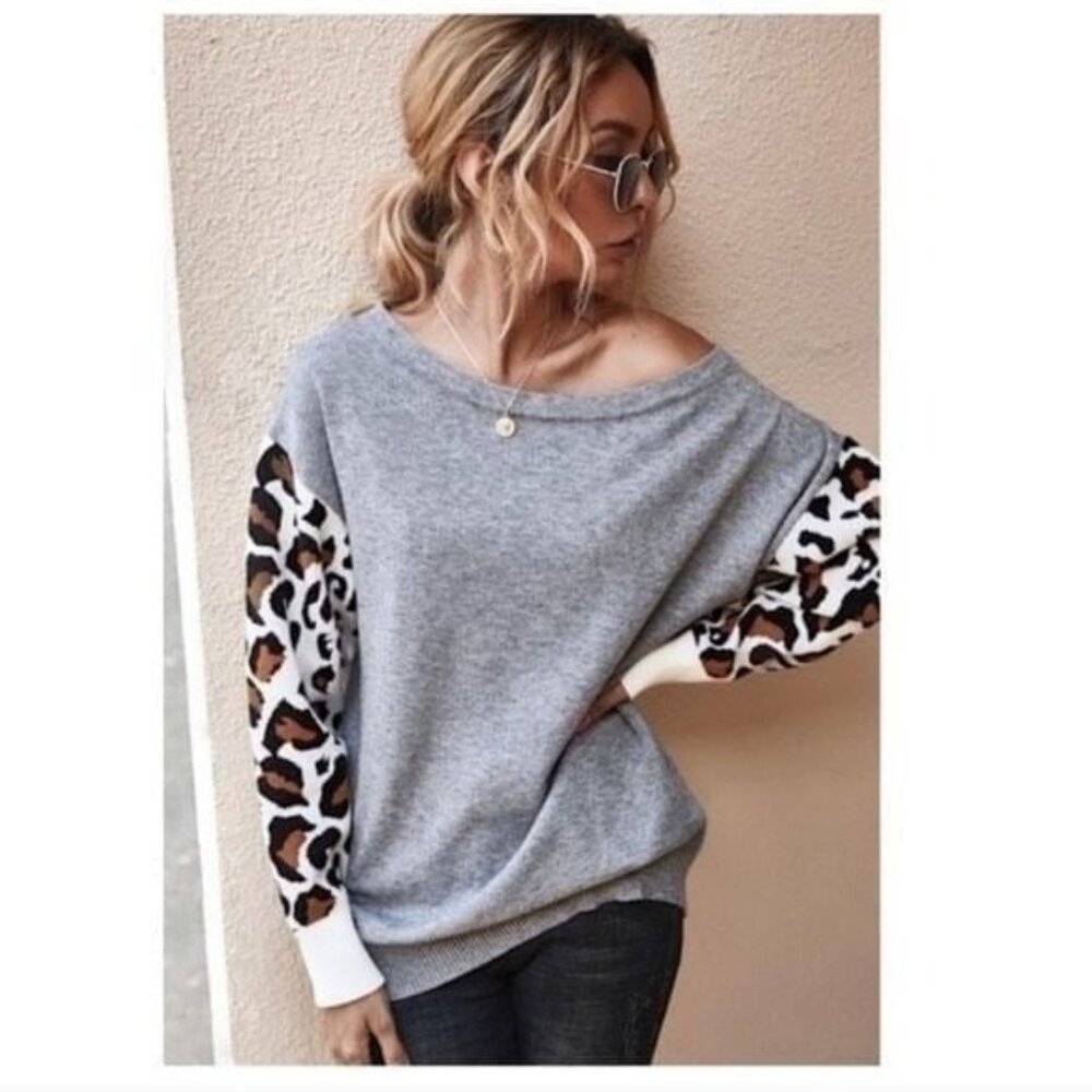 LEOPARD SLEEVE SWEATER-GREY- NEW
